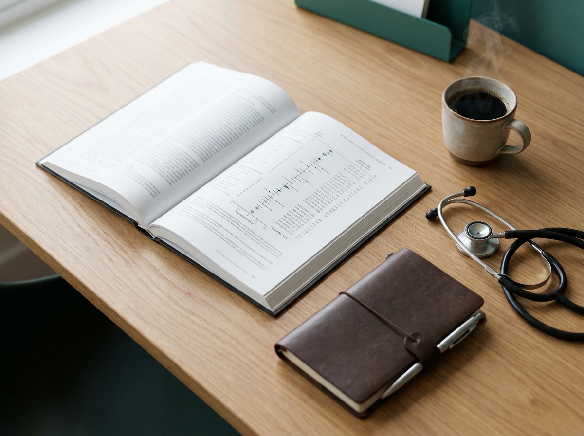 Vue still-life en plongée d'une table d'examen médical avec une revue scientifique ouverte sur un article de méta-analyse imprimé, un stéthoscope plié à côté, un carnet et un stylo, une tasse de café posée légèrement en retrait, lumière naturelle douce d'un cabinet médical, atmosphère studieuse et professionnelle