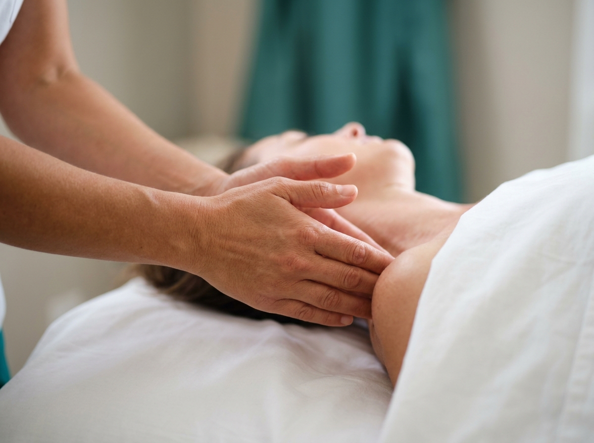 Vue macro éditoriale en gros plan des mains d'un praticien posées prudemment sur la nuque et le haut du cou d'un patient adulte allongé sur le dos, mains du praticien seulement visibles cropées au poignet, aucun visage ni identité visible, geste mesuré sans rotation brutale, lumière naturelle douce d'un cabinet médical, atmosphère prudente et professionnelle