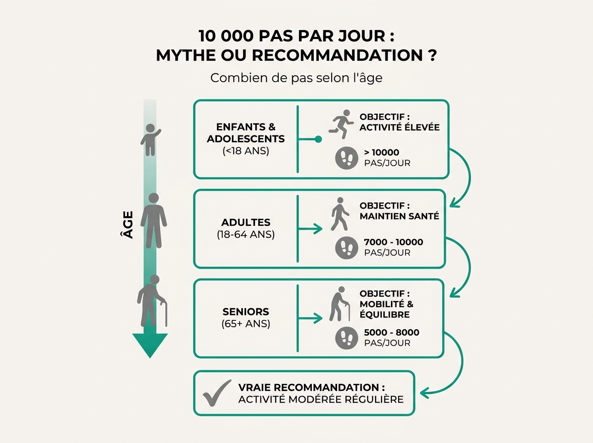 Schéma médical illustrant « Combien de pas selon l'âge »