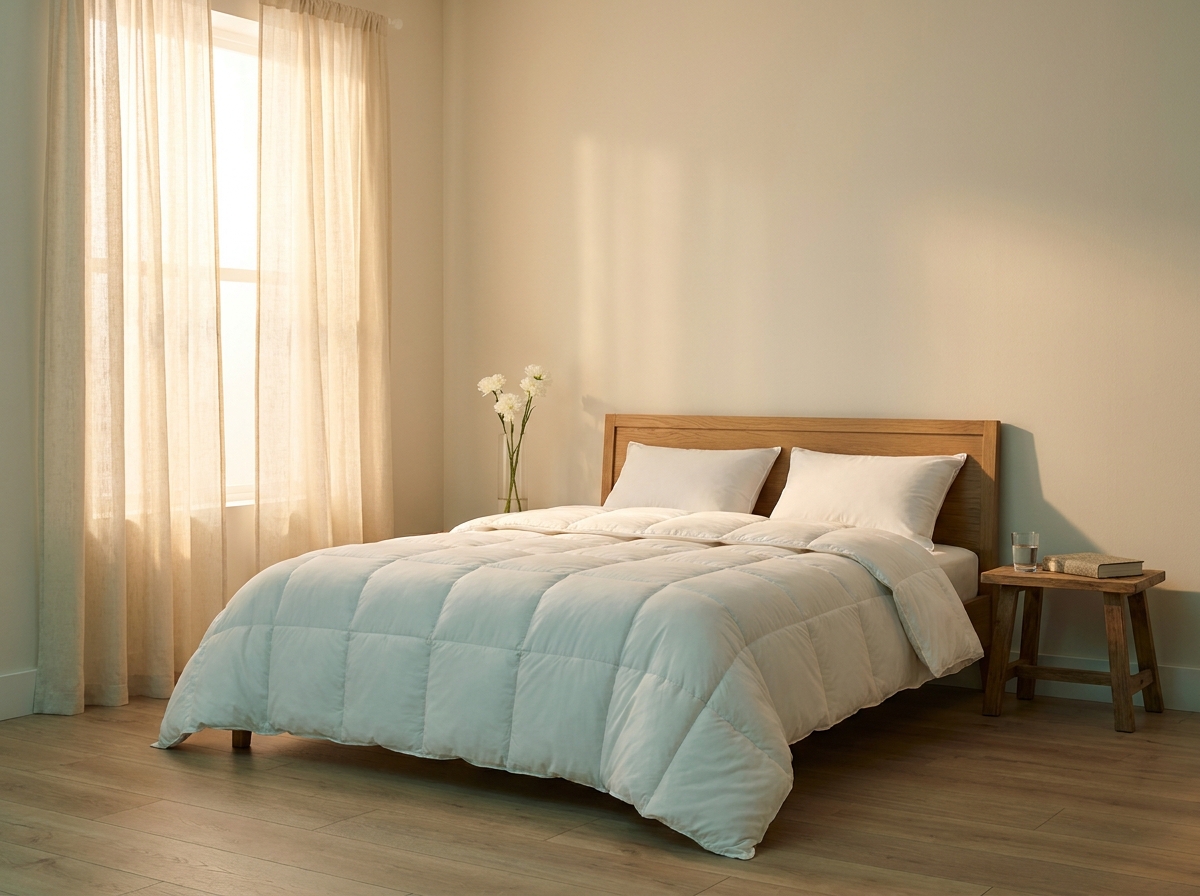 Vue still-life large d'une chambre à coucher calme à l'aube avec un lit double bien fait, une couette blanche bouffante recouvrant le matelas, deux oreillers contre la tête de lit en bois clair, une petite table de nuit avec un verre d'eau et un livre fermé, un grand vase de fleurs blanches sobres, lumière dorée matinale entrant par une grande fenêtre à rideaux de lin