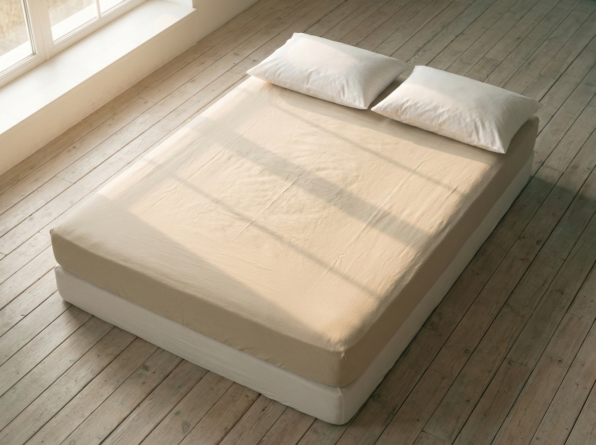 Vue still-life en plongée d'un matelas blanc neuf posé au sol, recouvert d'un drap-housse en coton beige tendu, deux oreillers blancs alignés en tête, lumière naturelle douce de fin de journée entrant par une fenêtre latérale, atmosphère professionnelle et soignée d'une chambre vide