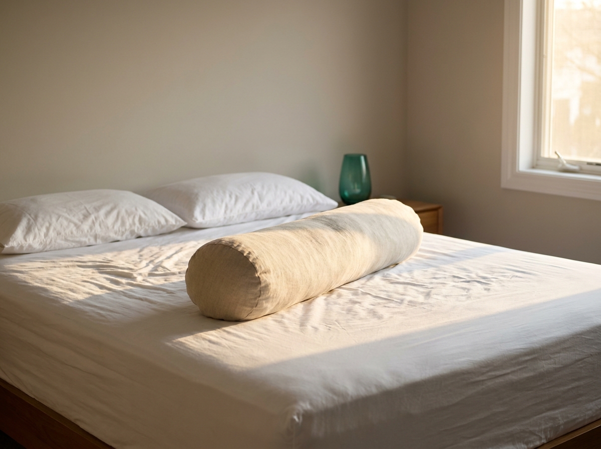 Vue still-life d'un lit défait à l'aube avec un drap-housse blanc tendu, un long coussin de corps cylindrique en lin posé en diagonale au milieu du lit comme s'il avait servi à séparer les genoux d'un dormeur, deux oreillers blancs en tête, lumière dorée matinale latérale, atmosphère apaisée et intime d'une chambre calme