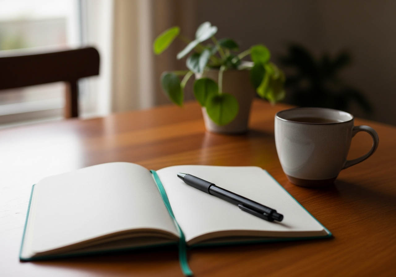 Carnet manuscrit et stylo posés sur une table de bois, tasse de thé à proximité, ambiance calme de pratique personnelle
