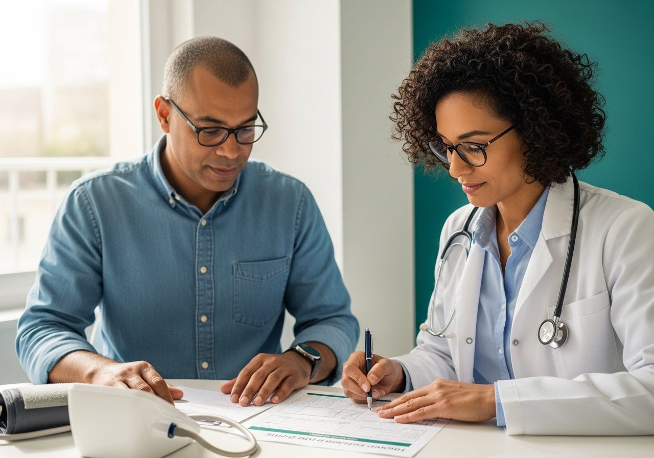 Médecin généraliste examinant les relevés d'automesure tensionnelle d'un patient âgé dans un cabinet moderne