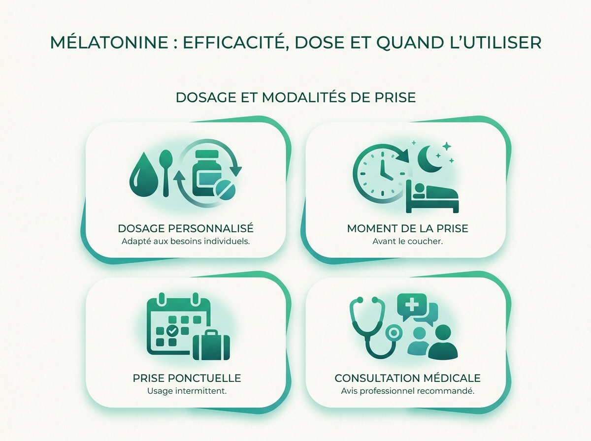 Infographie illustrant les points clés de la section « Dosage et modalités de prise »