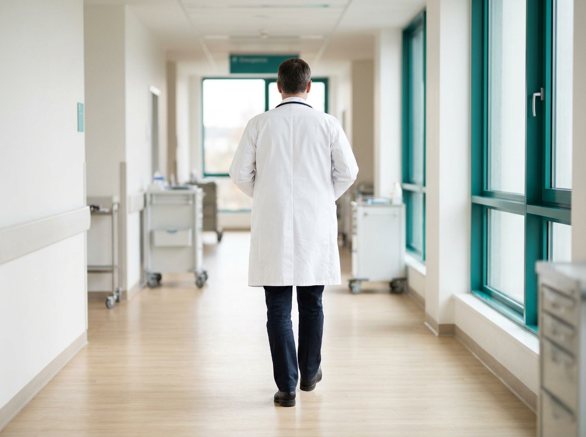 Couloir d'hôpital lumineux avec un urgentiste en blouse blanche et stéthoscope autour du cou marchant rapidement vers le fond, vu strictement de dos