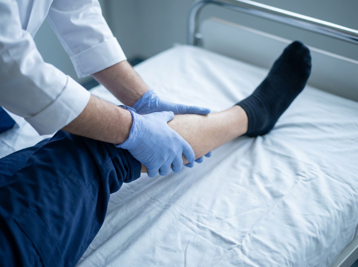 Gros plan macro des mains d'un clinicien en blouse blanche soutenant la jambe d'un patient en position de Kernig (hanche et genou fléchis à 90°), prises sur un lit d'examen blanc
