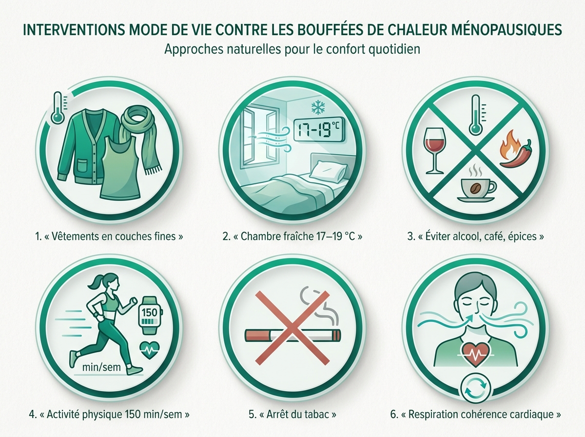 Infographie des mesures de mode de vie contre les bouffées de chaleur : vêtements, chambre fraîche, activité physique, arrêt tabac, gestion du poids, respiration
