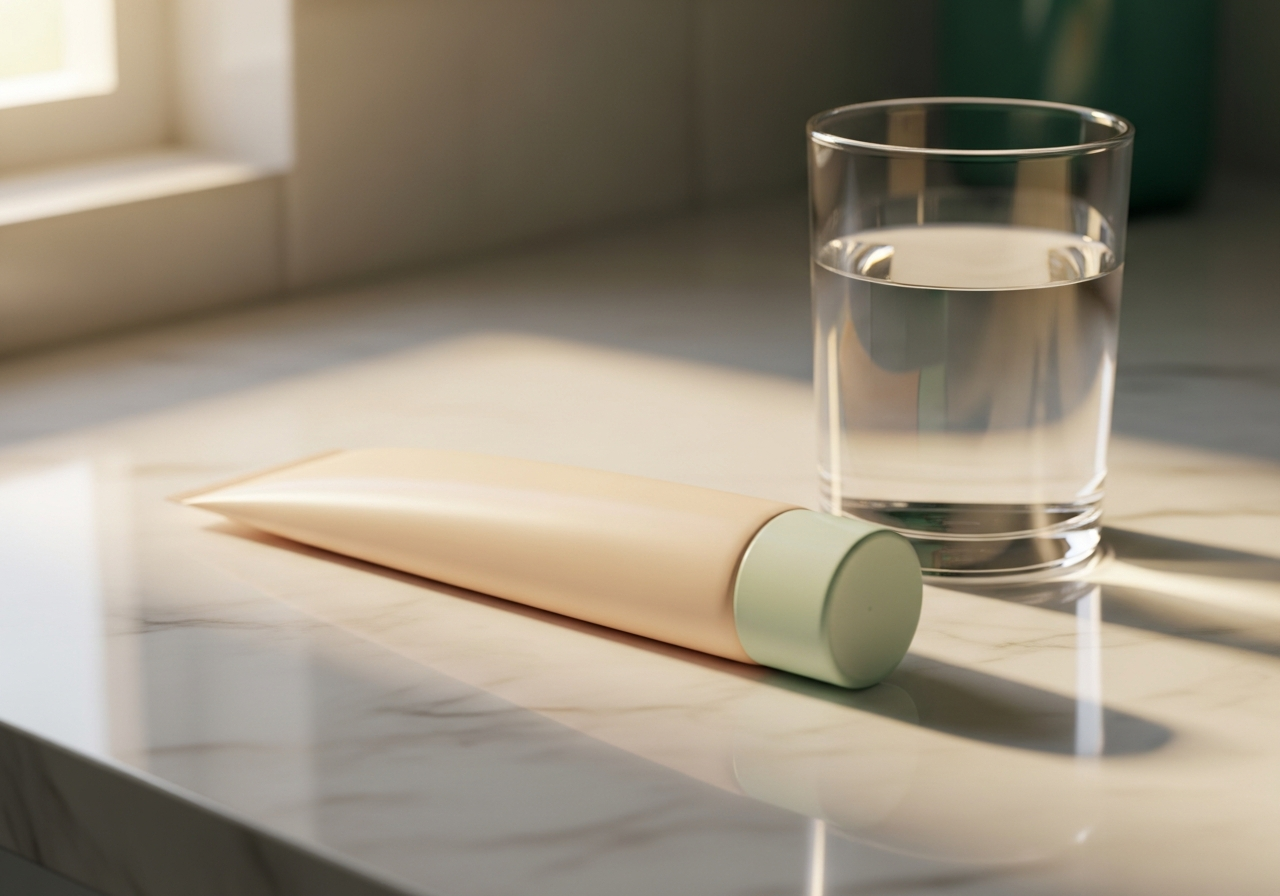 Tube de gel à base d'estradiol posé sur une table de salle de bain à côté d'un flacon transparent, lumière douce du matin