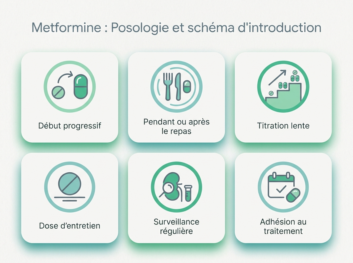 Infographie illustrant les points clés de la section « Posologie et schéma d'introduction »