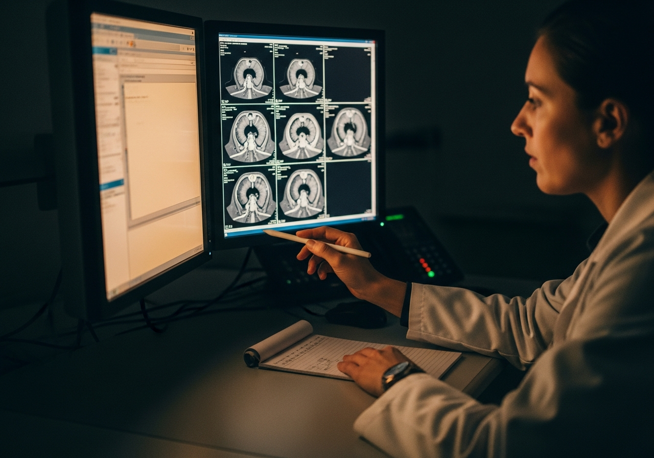 Radiologue examinant une IRM entéro sur un écran d'ordinateur de consultation, dossier médical ouvert