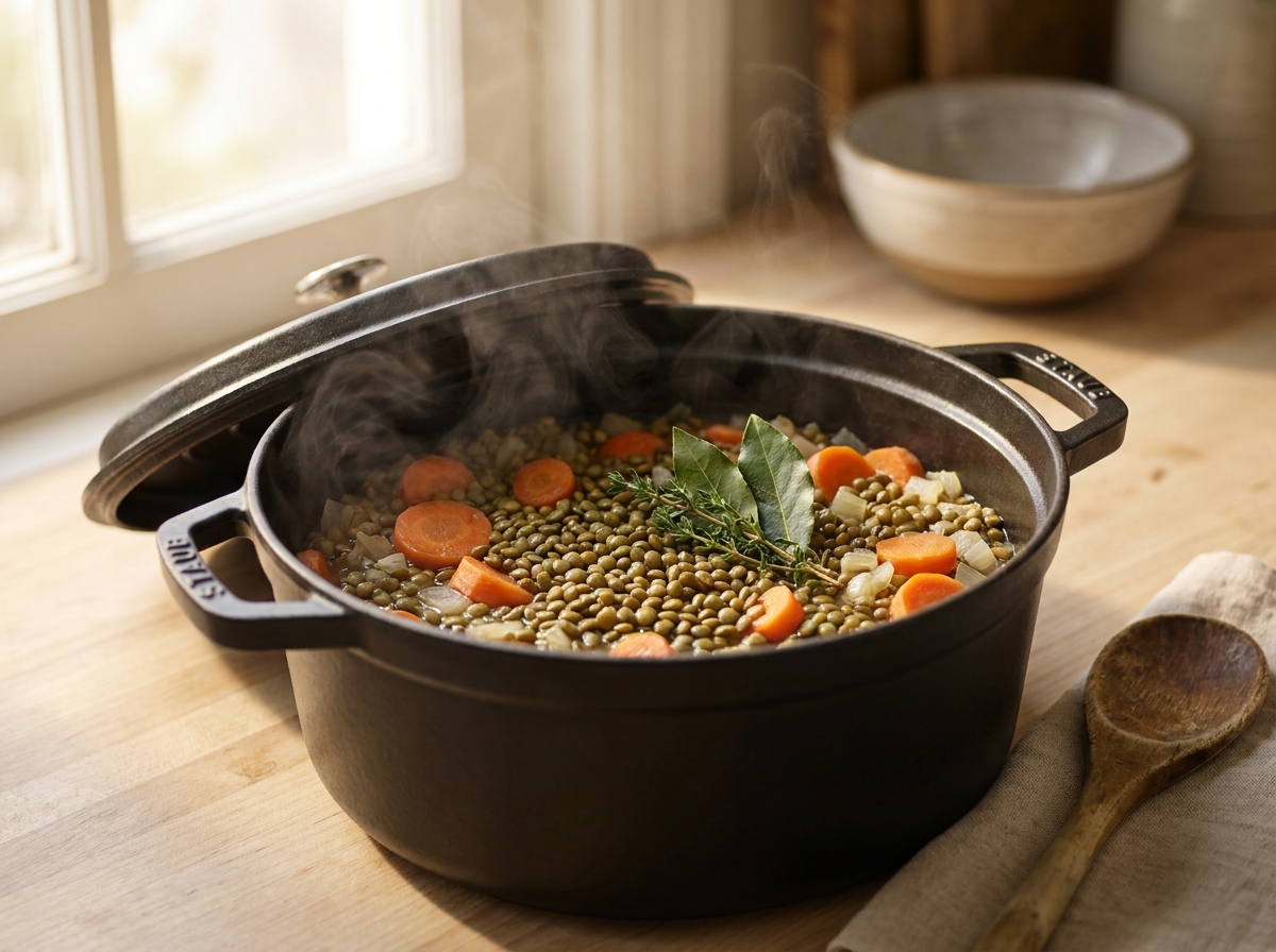Macrophotographie d'une cocotte en fonte ouverte remplie de lentilles vertes en cuisson avec carottes, oignons et bouquet garni, vapeur visible, lumière naturelle douce