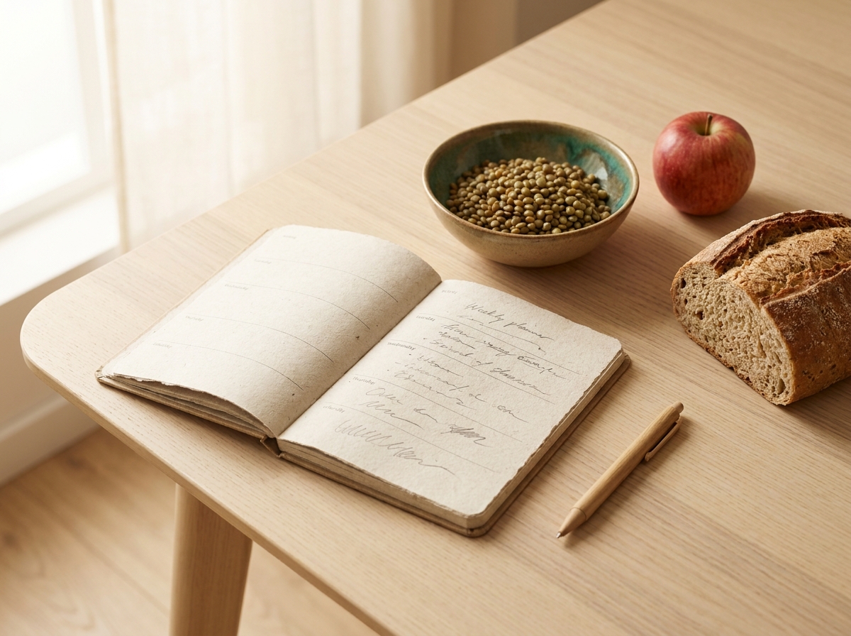 Vue plongeante d'un carnet de menu hebdomadaire avec annotations manuscrites illisibles, à côté d'un bol de lentilles cuites, d'une pomme et d'une miche de pain complet, lumière naturelle de matin