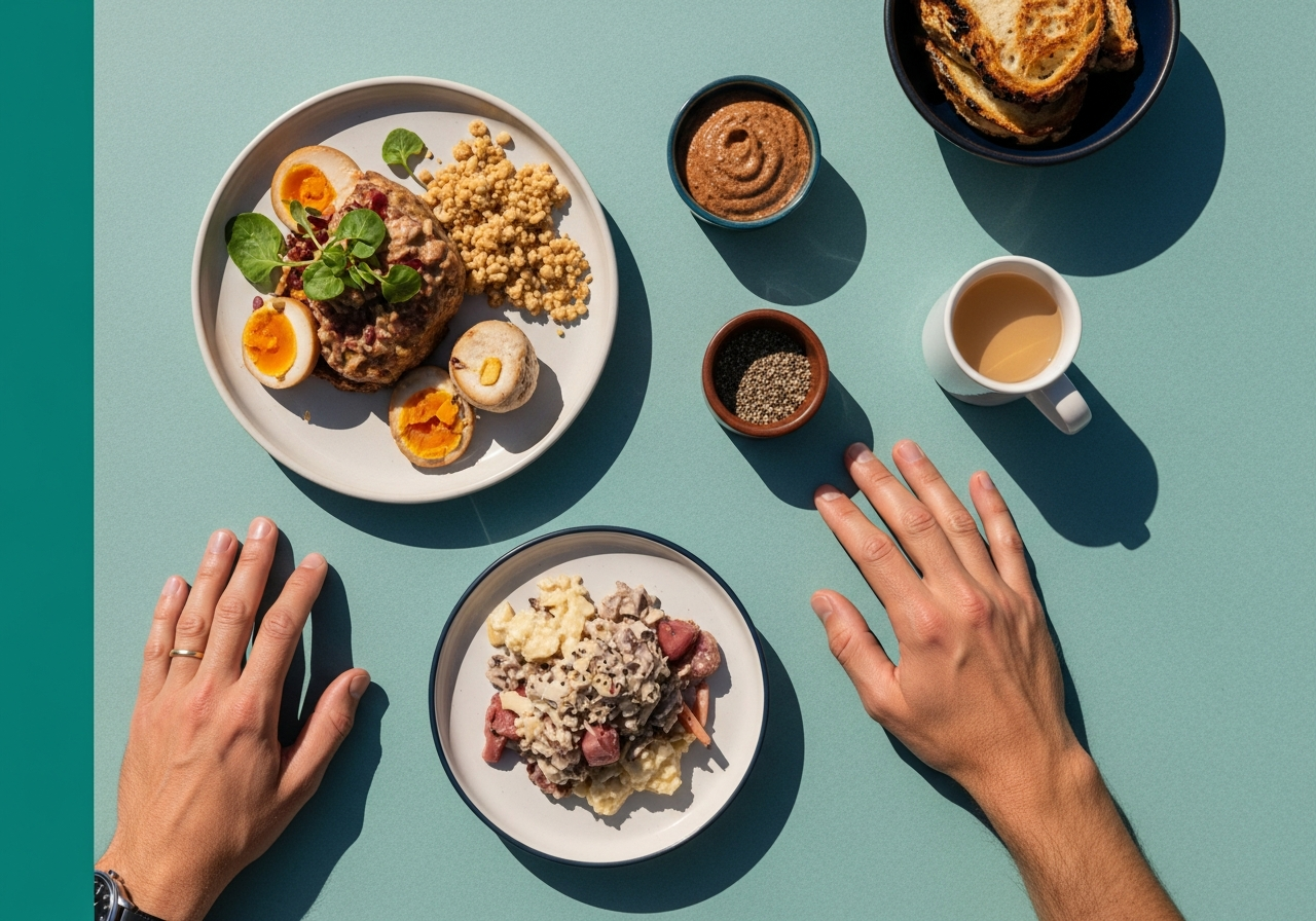 Plateau d'aliments fermentés : bol de yaourt nature, bouteille de kéfir, choucroute crue, miso, kimchi