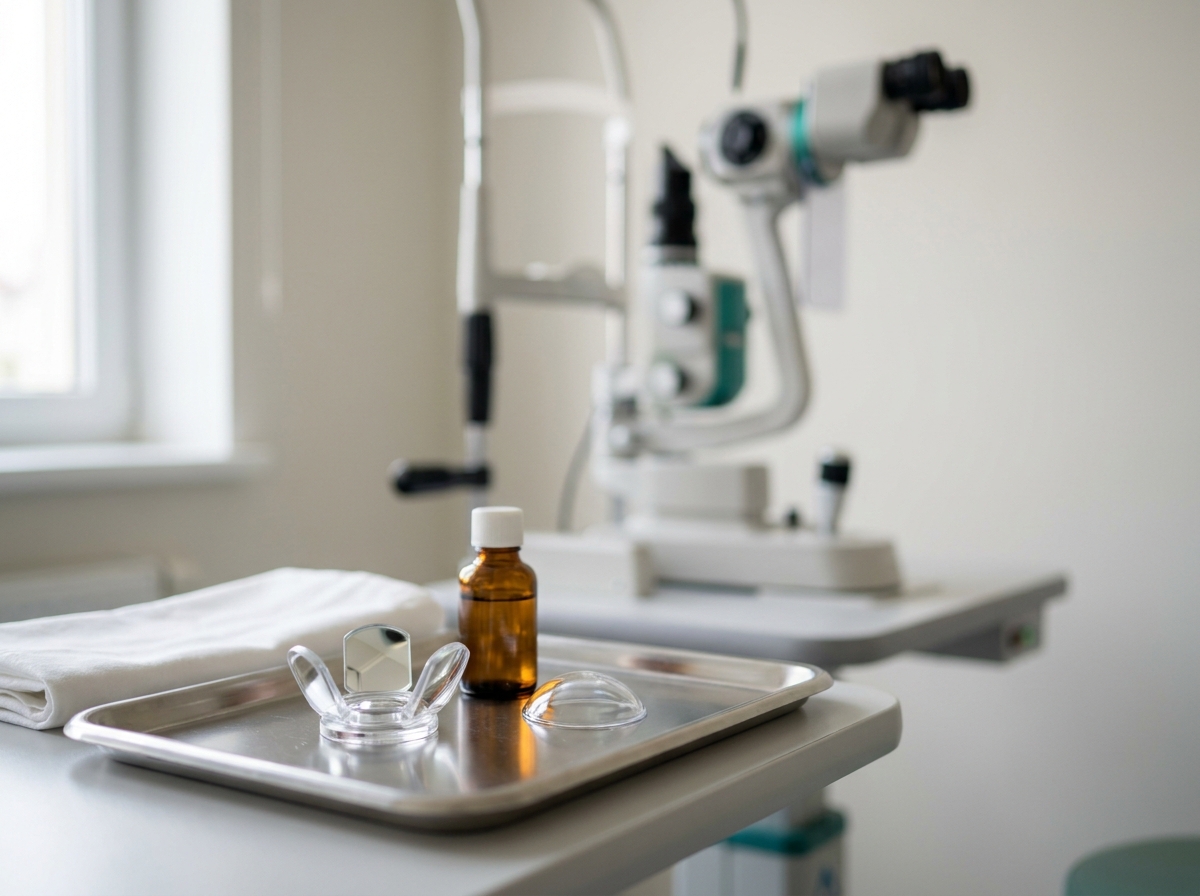 Détail clinique : lampe à fente d'ophtalmologie en arrière-plan flou, verre à trois miroirs et lentille panfundoscopique posés sur un plateau stérile, cabinet d'ophtalmologie