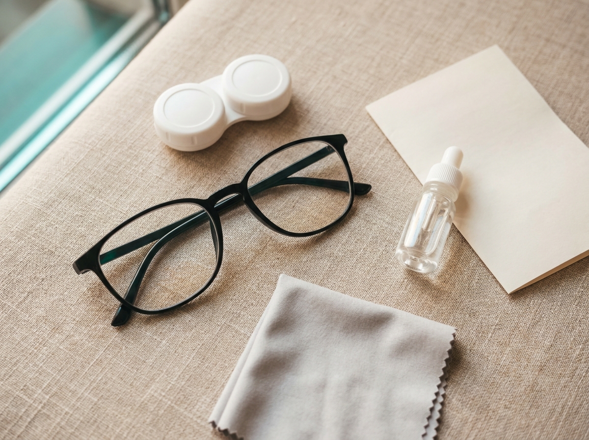 Composition still-life : paire de lunettes à verres minces, étui à lentilles fermé, flacon de larmes artificielles unidose, ordonnance pliée et chiffonette microfibre sur un plan en lin clair