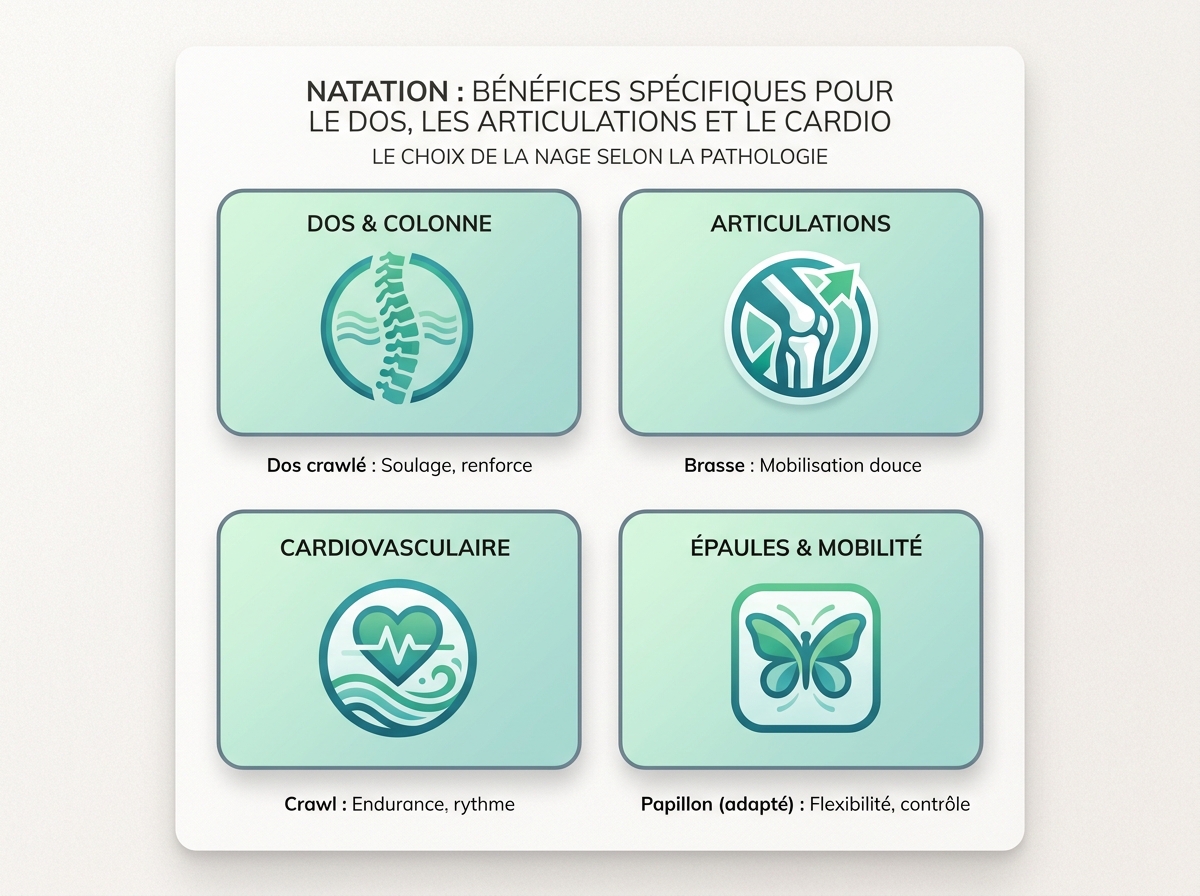 Infographie illustrant les points clés de la section « Le choix de la nage selon la pathologie »