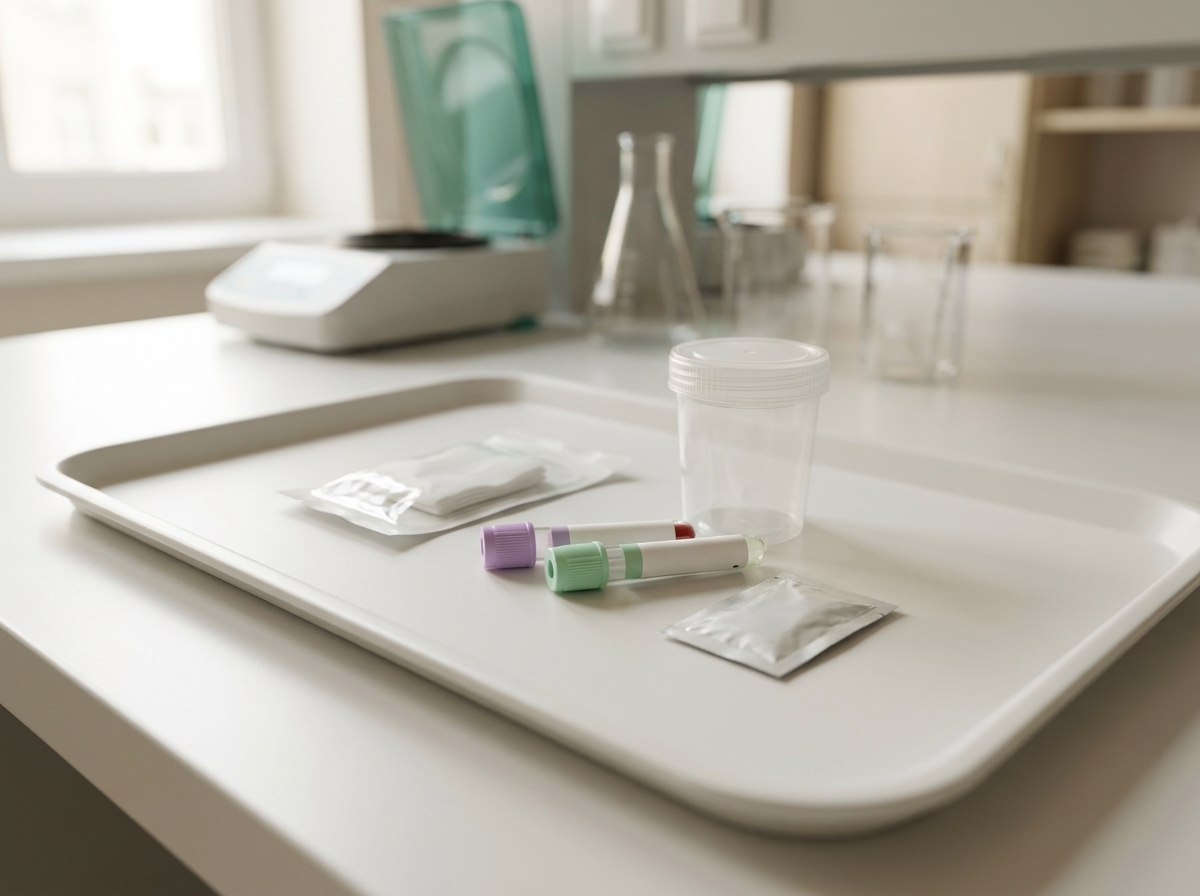 Vue still-life d'un kit de prélèvement urinaire pour rapport ACR : un flacon stérile à urine sans étiquette lisible, deux tubes à bouchon coloré pour analyse biochimique, une compresse stérile, un papier hygiénique en sachet, posés sur un plateau blanc d'un laboratoire d'analyses, lumière naturelle douce, vue de dessus