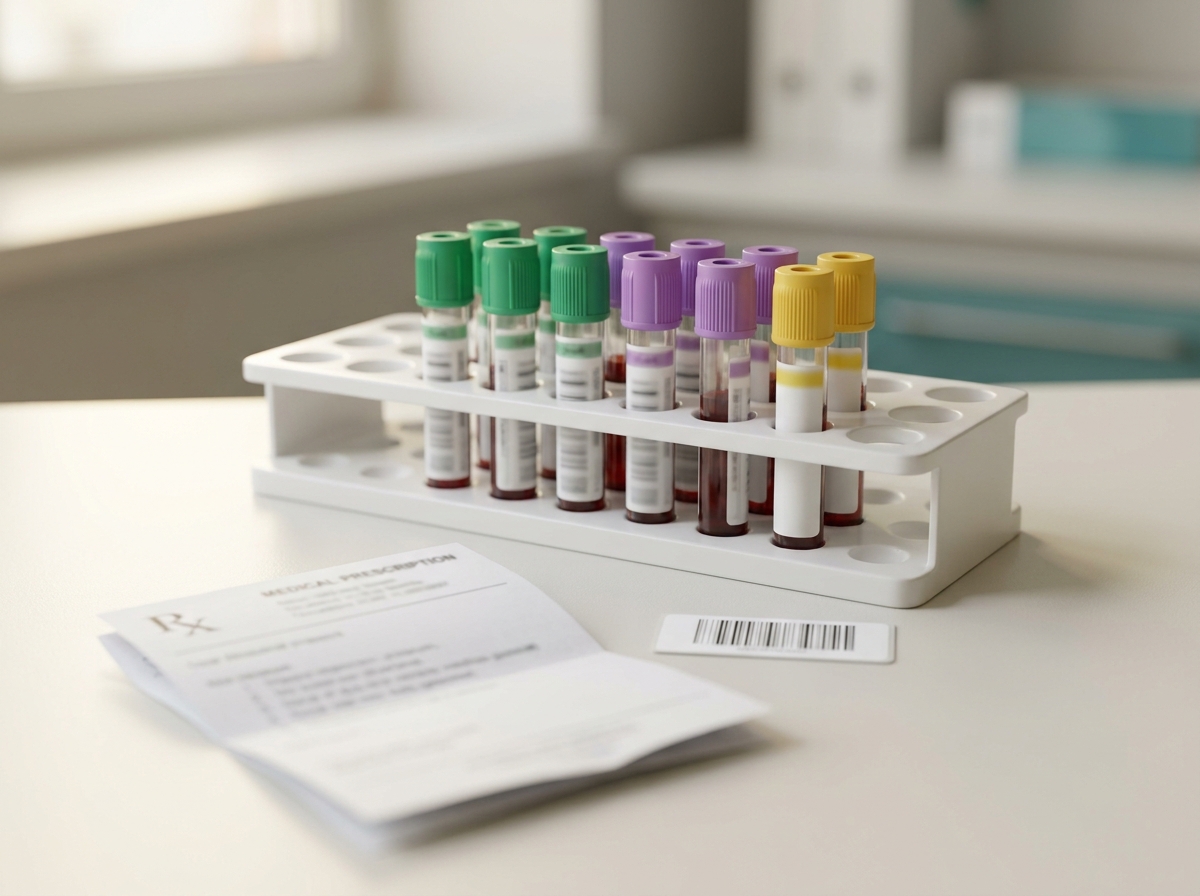 Vue still-life d'un rack de plusieurs tubes à essai pour biochimie sanguine alignés sur un portoir de laboratoire, bouchons de couleurs variées (vert, violet, jaune), avec une ordonnance pliée et une étiquette de patient au premier plan, ambiance laboratoire d'analyses médicales, lumière naturelle douce