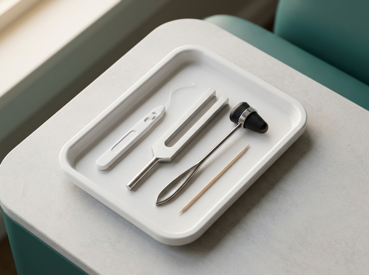 Vue rapprochée d'un kit de dépistage clinique de la neuropathie diabétique posé sur un plateau stérile blanc : monofilament 10 g enroulé sur son support en plastique gris, diapason 128 Hz en aluminium, marteau réflex, cure-dent stérile, sur une table d'examen, lumière naturelle douce
