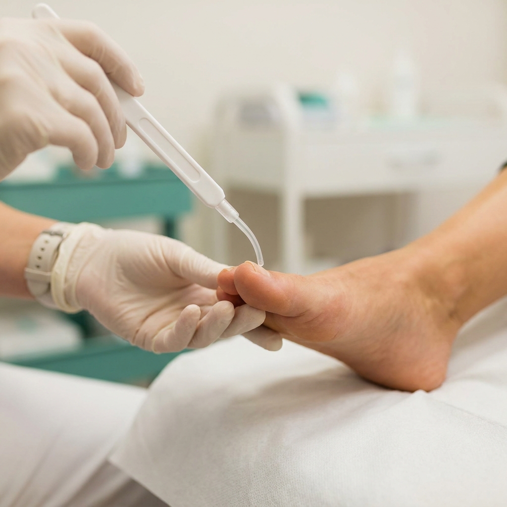 Vue clinique close-up d'un monofilament 10 g touchant la pulpe du gros orteil d'un pied adulte nu posé sur un drap d'examen blanc, cadré strict sur l'orteil, aucun visage ni corps, lumière naturelle douce