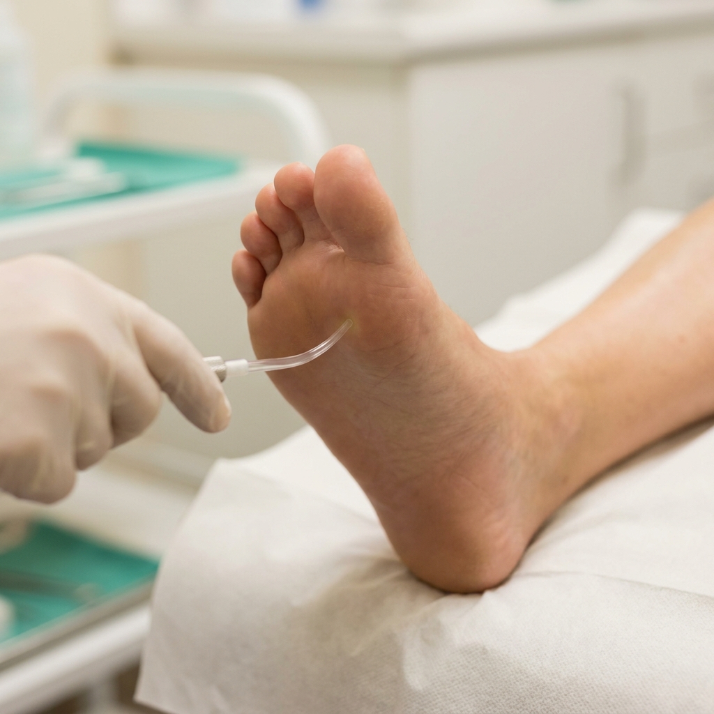 Vue clinique close-up d'un monofilament 10 g touchant la peau sous la première tête métatarsienne (sous le pied, à la base du gros orteil) d'un pied adulte nu sur drap d'examen, cadré strict, aucun visage