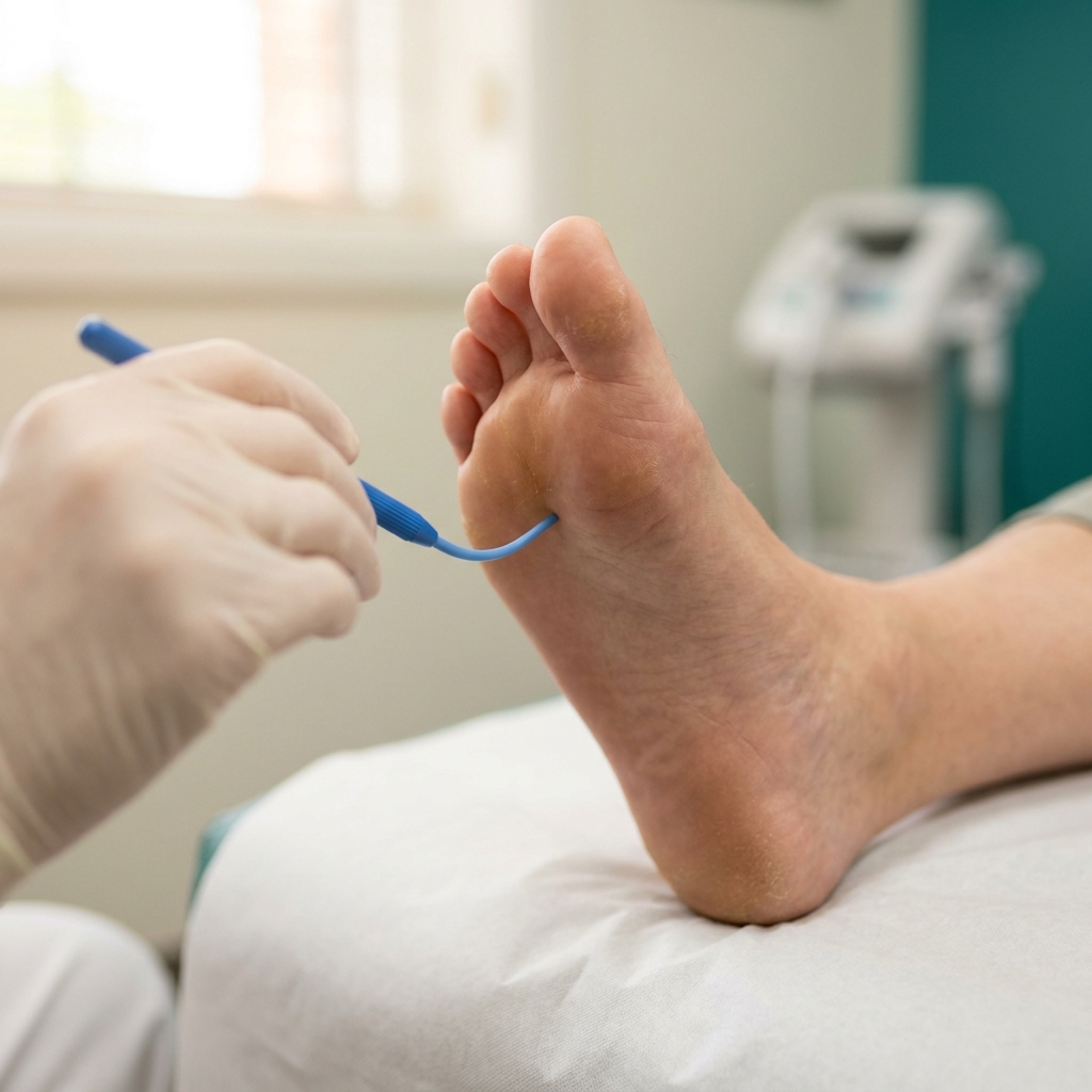 Vue clinique close-up d'un monofilament 10 g touchant la peau sous la troisième tête métatarsienne (sous le pied, au centre de l'avant-pied) d'un pied adulte nu sur drap d'examen, cadré strict, aucun visage