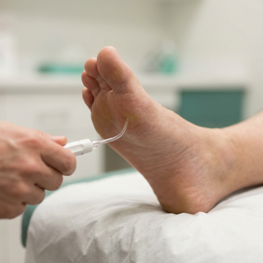Vue clinique close-up d'un monofilament 10 g touchant la peau sous la cinquième tête métatarsienne (sous le bord externe de l'avant-pied) d'un pied adulte nu sur drap d'examen, cadré strict, aucun visage
