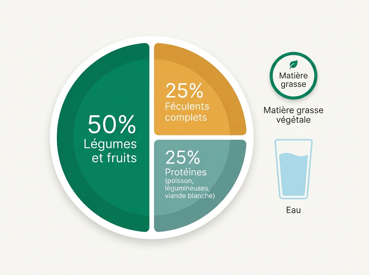Schéma circulaire de l'assiette équilibrée : 50 % légumes, 25 % féculents complets, 25 % protéines