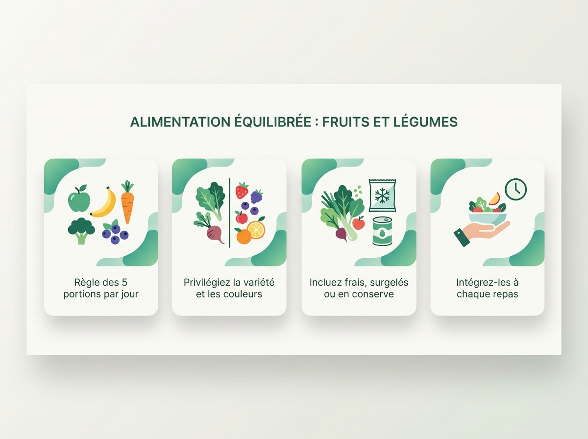 Infographie illustrant les points clés de la section « Fruits et légumes : la règle des 5 par jour »