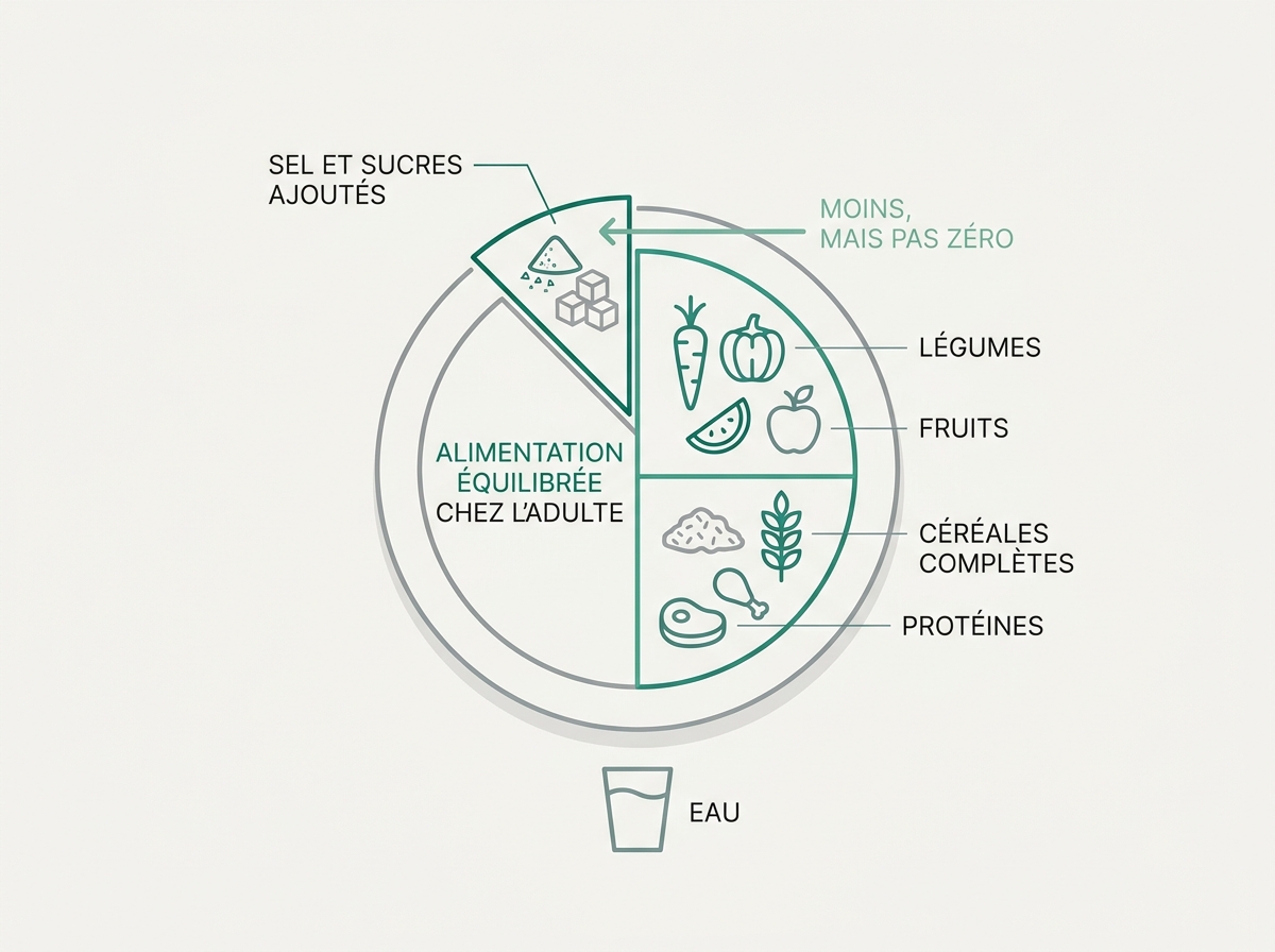 Schéma médical illustrant « Sel et sucres ajoutés : moins, mais pas zéro »