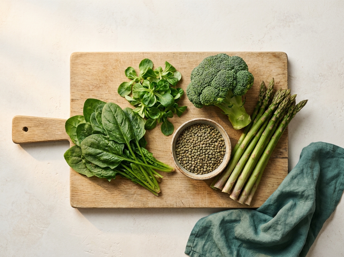 Vue en plongée d'une planche de bois clair avec des épinards frais, des feuilles de mâche, un brocoli entier, des lentilles vertes dans un petit bol et des asperges fraîches, lumière naturelle douce