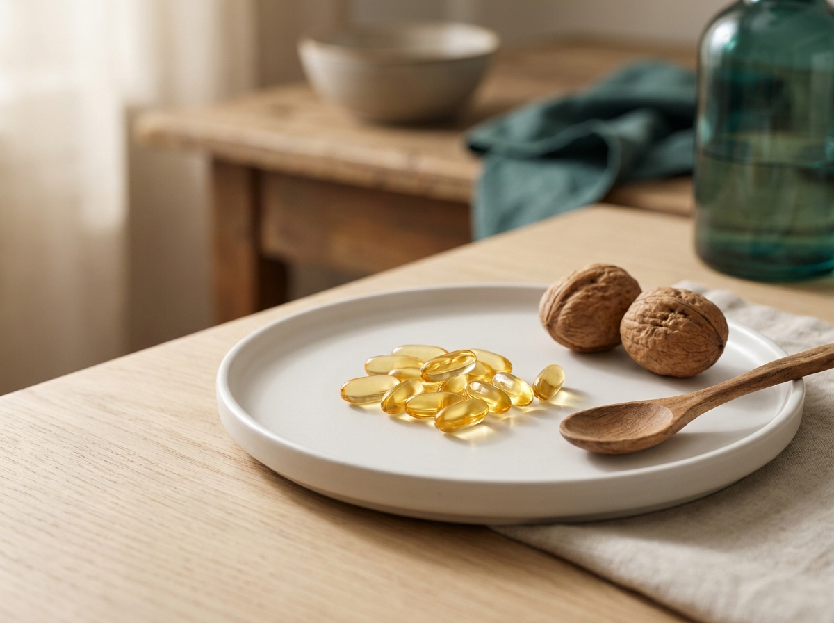 Vue macro de gélules d'oméga-3 dorées translucides posées sur une assiette en céramique blanche, à côté de deux noix entières et d'une petite cuillère, lumière naturelle douce, atmosphère épurée
