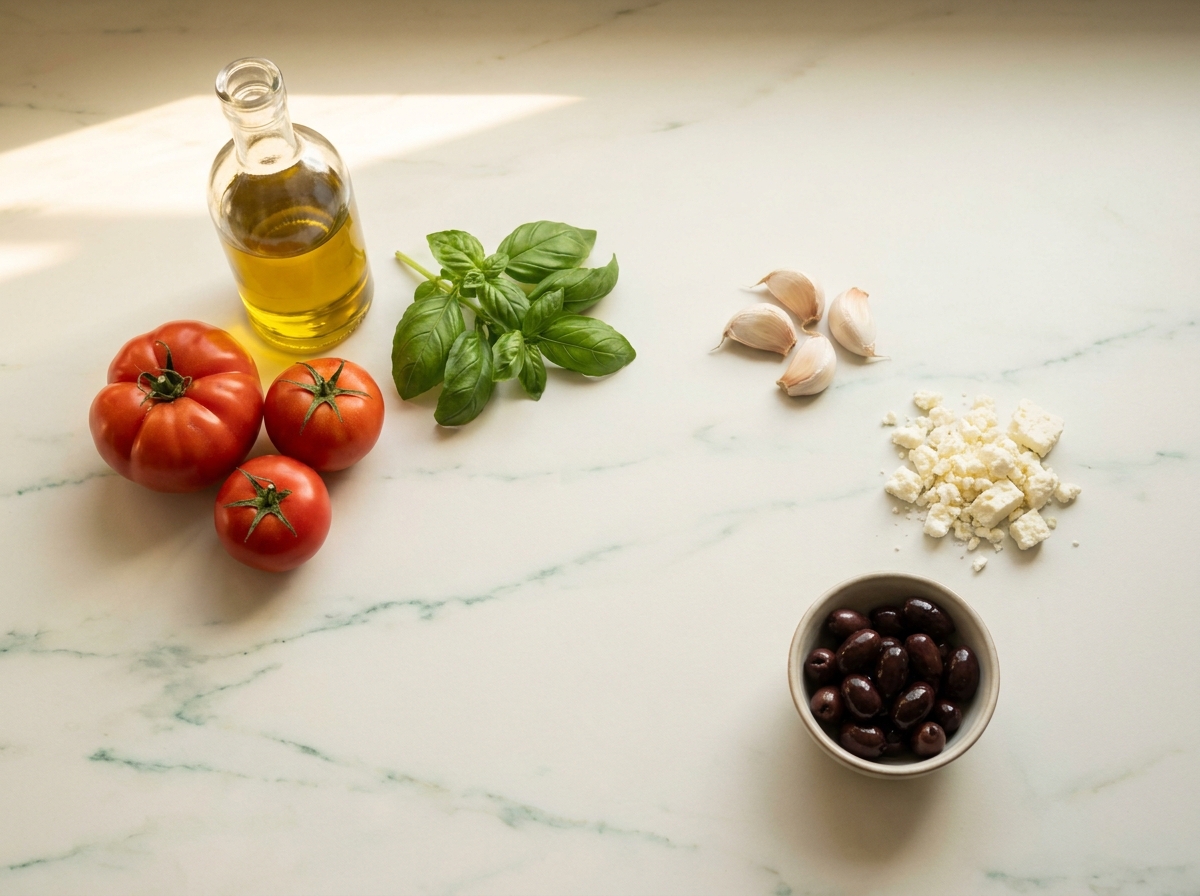 Composition still-life en plongée d'aliments du régime méditerranéen : huile d'olive en bouteille en verre, tomates fraîches, brins de basilic, gousses d'ail, fromage feta émietté, sur un plan de travail en pierre claire, lumière chaude latérale