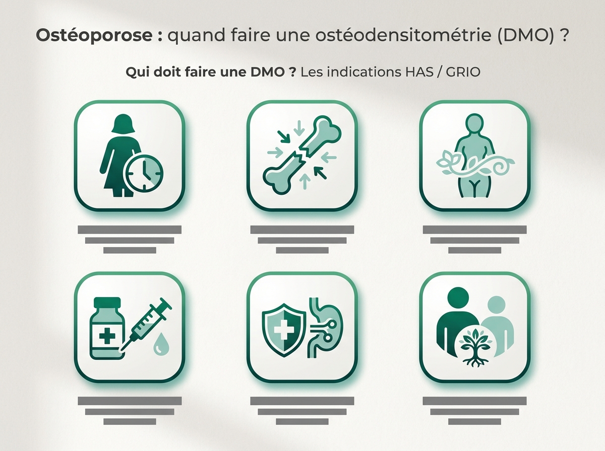 Infographie illustrant les points clés de la section « Qui doit faire une DMO ? Les indications HAS / GRIO »