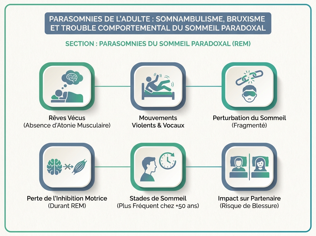 Infographie illustrant les points clés de la section « Parasomnies du sommeil paradoxal (REM) »
