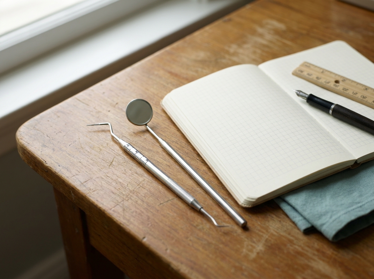Sonde parodontale graduée, miroir d'examen, carnet de charting parodontal vide et stylo posés sur un bureau de cabinet dentaire