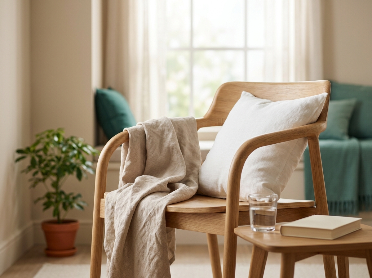Composition still-life d'un coin repos : fauteuil en bois clair, coussin en lin, plaid replié, verre d'eau et livre fermé — environnement de repos pendant la phase aiguë de péricardite