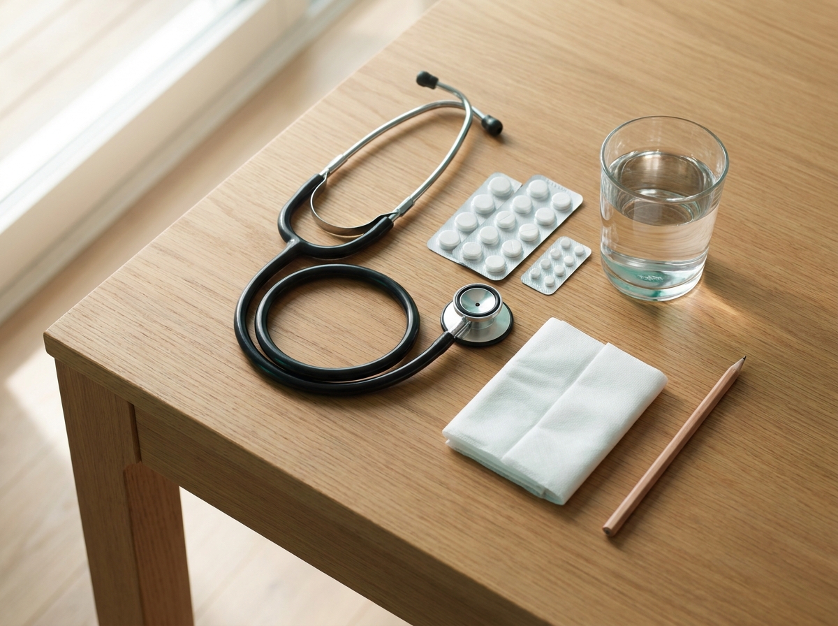 Composition still-life clinique : stéthoscope, deux blister de médicaments génériques, verre d'eau et carnet de surveillance posés sur une table de bureau