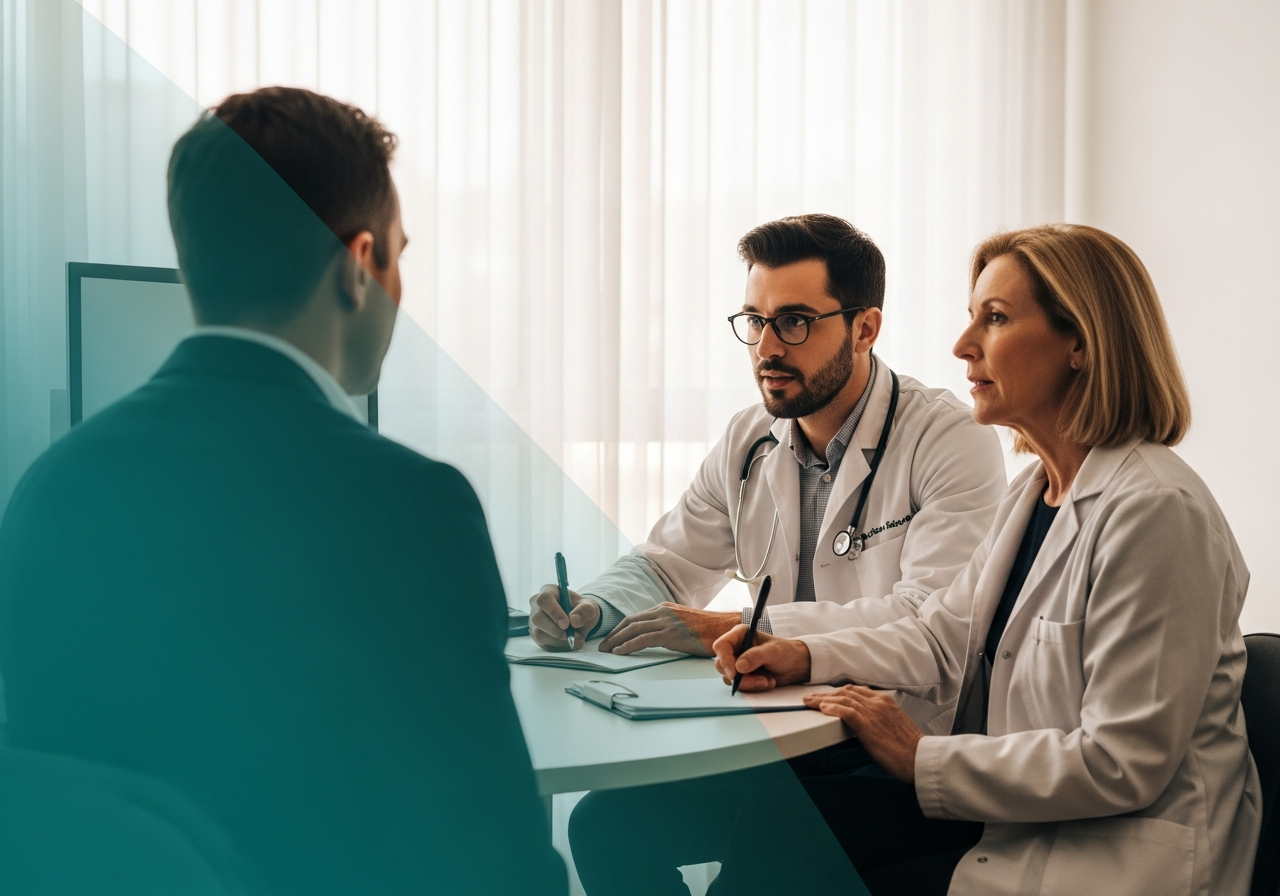 Médecin généraliste écoutant attentivement un patient adulte dans un cabinet lumineux, regard bienveillant