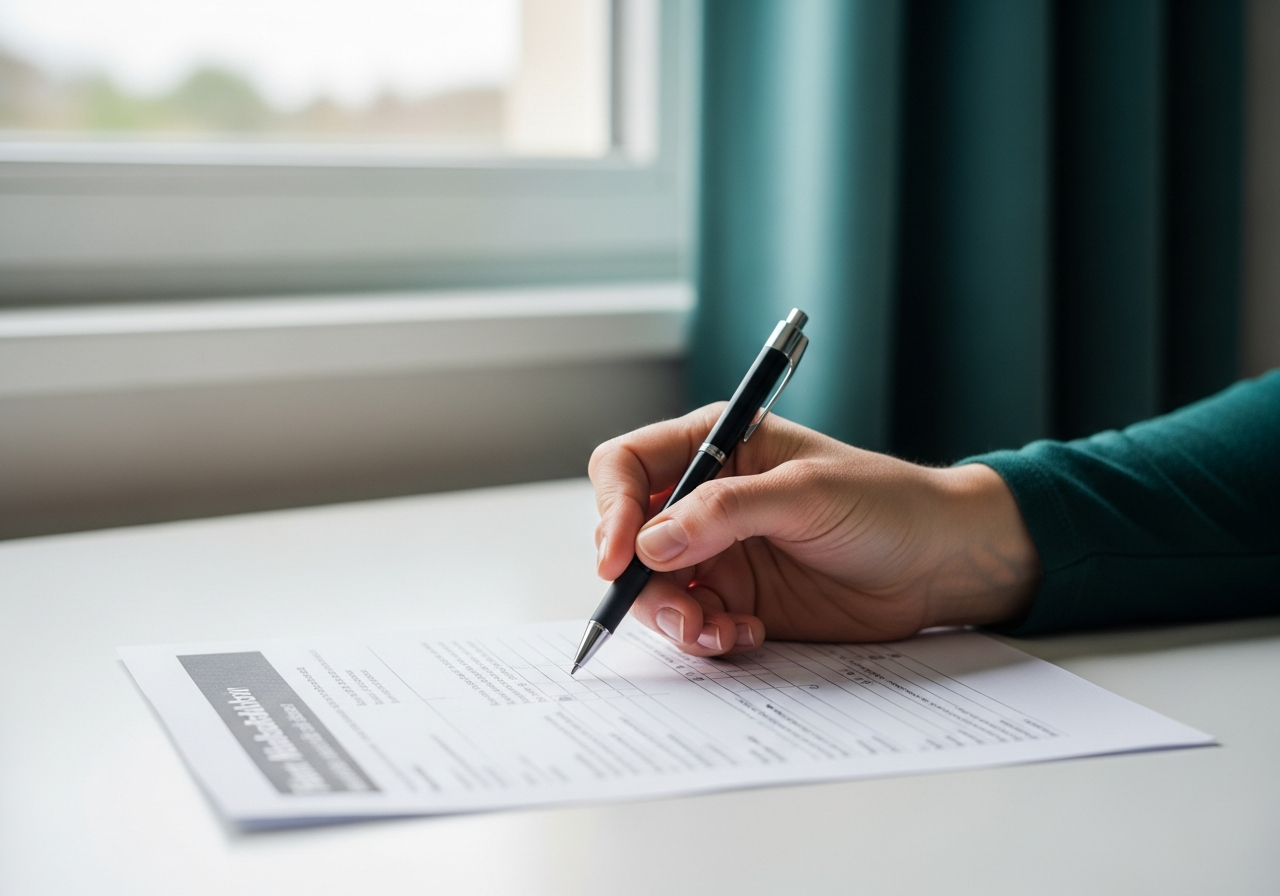 Main d'adulte tenant un stylo au-dessus d'un formulaire médical en salle d'attente lumineuse