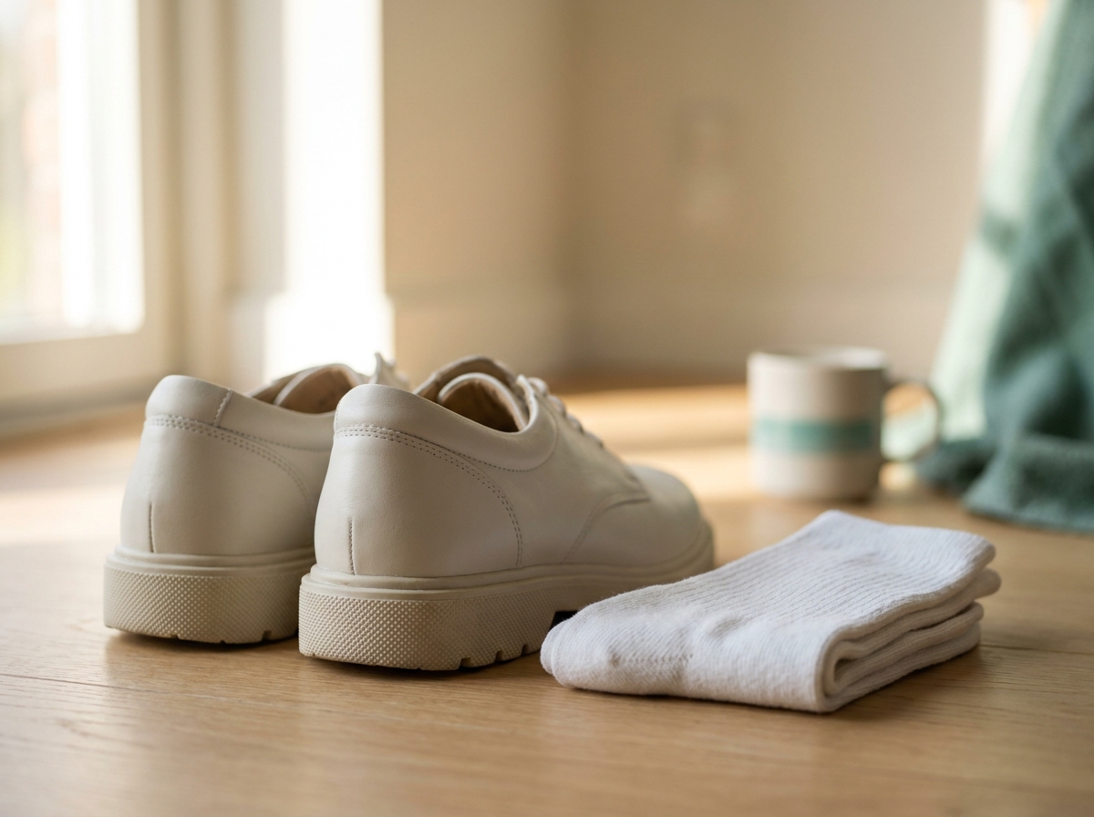 Vue rapprochée d'une paire de chaussures orthopédiques génériques en cuir clair posées à côté de chaussettes blanches en coton sur un parquet clair, lumière naturelle douce, aucune personne visible