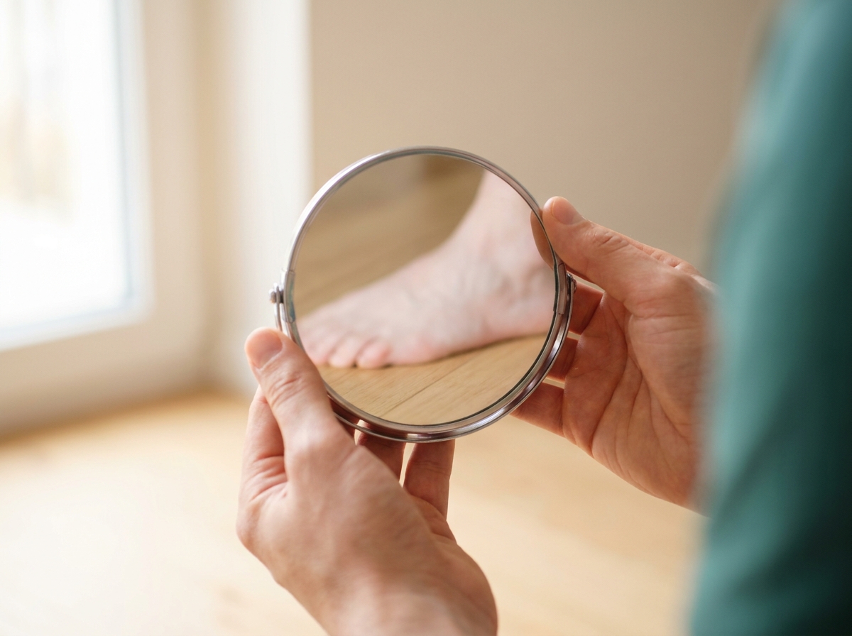 Vue rapprochée des mains d'un adulte tenant un petit miroir d'inspection plantaire à côté de son pied posé sur le sol, geste d'autoexamen quotidien, aucun visage visible