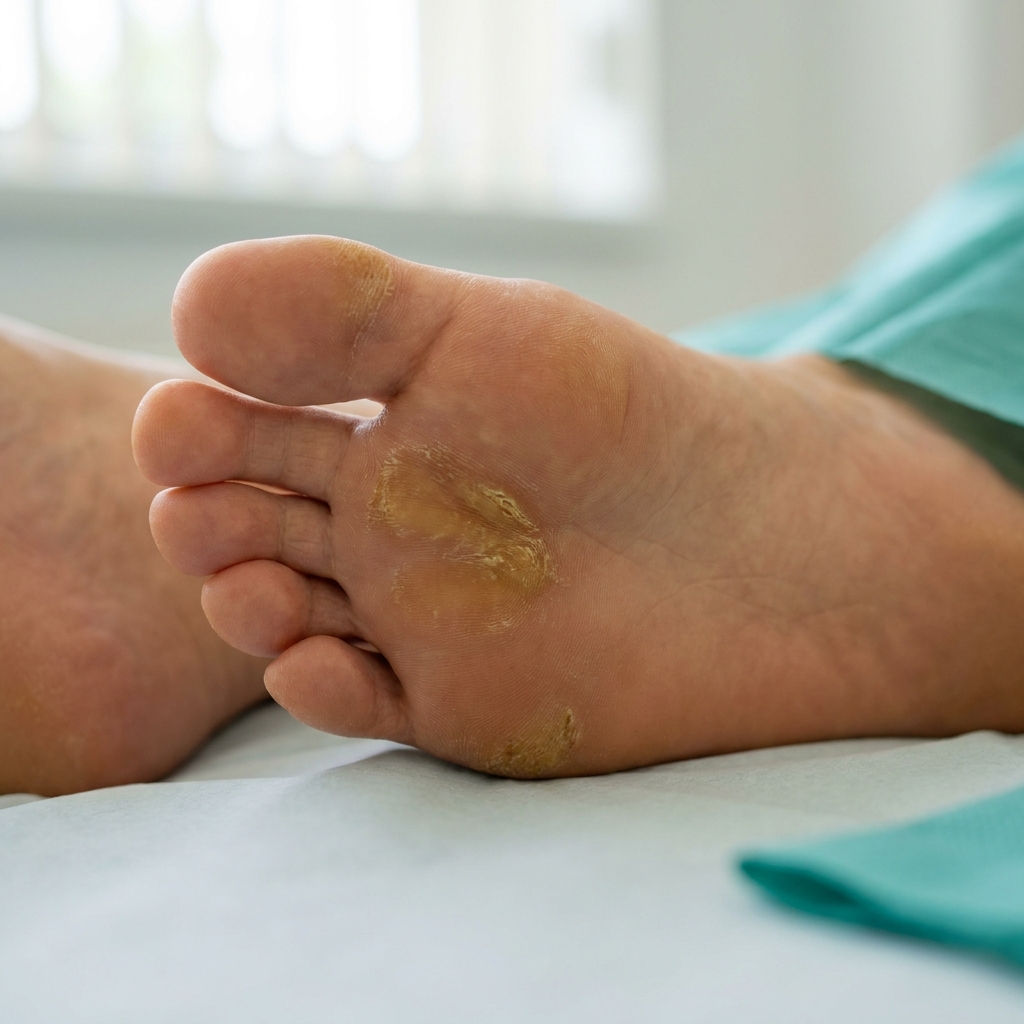 Vue clinique macro de la plante d'un pied adulte avec callosités et hyperkératoses sous les têtes métatarsiennes, sans plaie ouverte, évocateur d'un pied diabétique stade 0 de Wagner