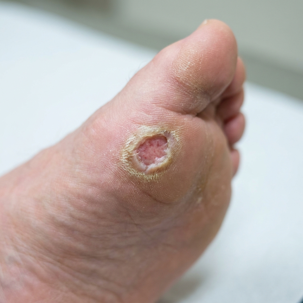 Vue clinique macro d'un mal perforant plantaire superficiel sous la tête du premier métatarsien d'un pied adulte, bordures calleuses, fond rosé, évocateur d'un pied diabétique Wagner stade 1