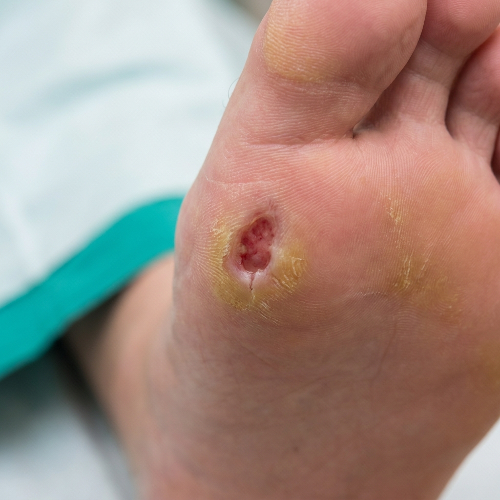 Vue clinique macro d'un ulcère profond plantaire avec atteinte des tissus sous-cutanés visible, sans signe d'ostéite ni d'abcès, évocateur d'un pied diabétique Wagner stade 2