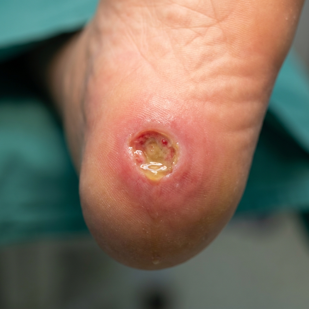 Vue clinique macro d'un ulcère profond du pied adulte avec inflammation périlésionnelle marquée (rougeur, œdème) sans gangrène, évocateur d'un pied diabétique Wagner stade 3 (abcès ou ostéite sous-jacente)