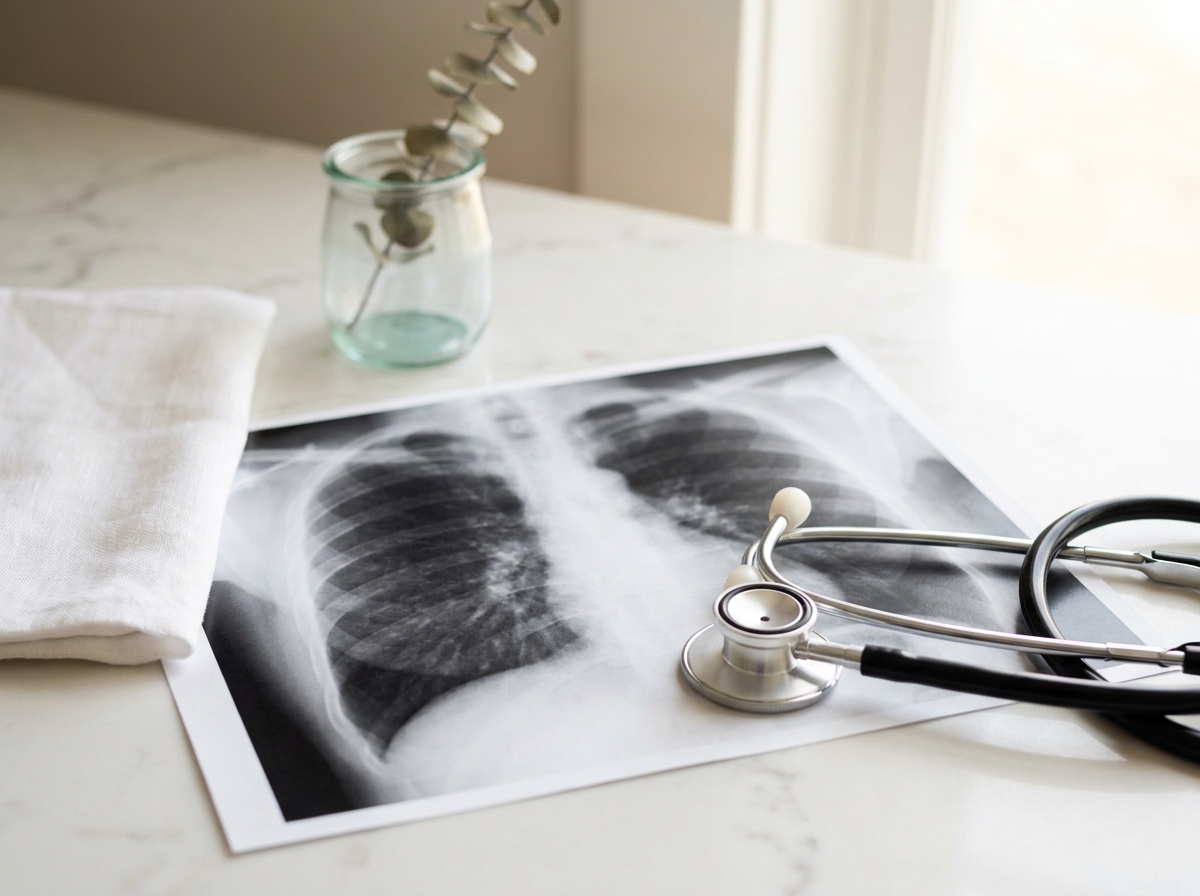 Cliché de radiographie thoracique noir et blanc imprimé posé à côté d'un stéthoscope sur un plan de marbre clair, lumière naturelle douce