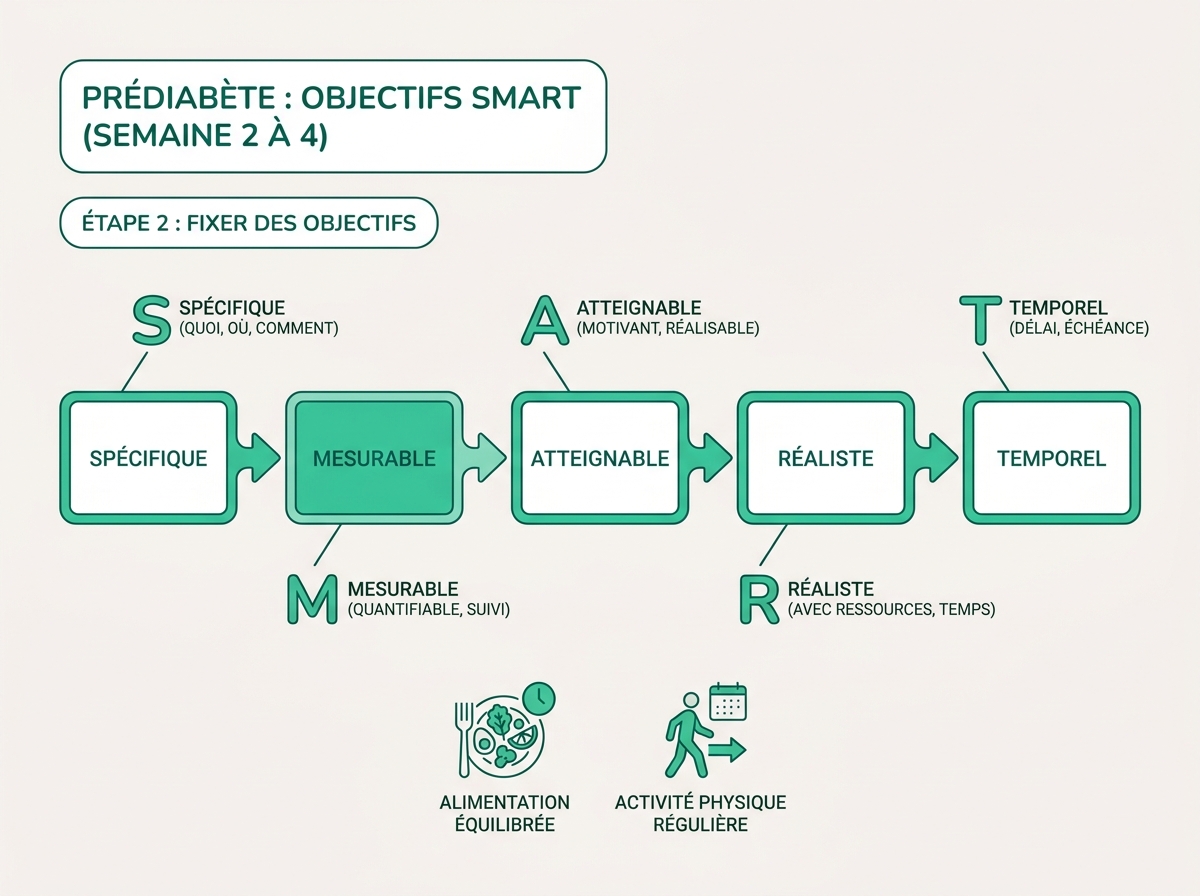 Schéma médical illustrant « Étape 2 : fixer des objectifs SMART (semaine 2 à 4) »