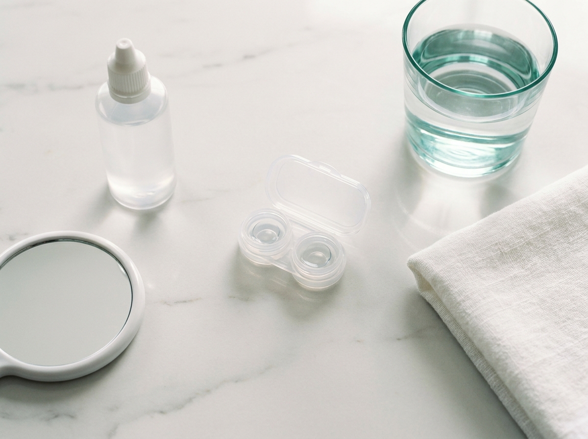 Étui de lentilles de contact multifocales ouvert à côté d'un flacon de solution d'entretien et d'un miroir grossissant sur un plan de salle de bain en marbre